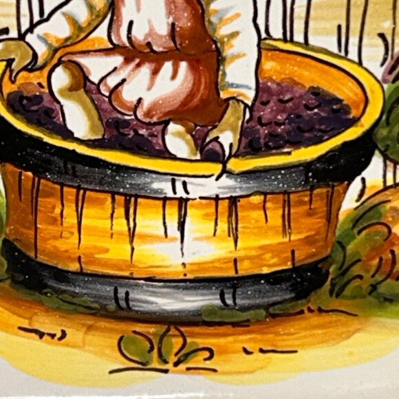 Italian Handpainted Faience Pottery Square Plate Grape Crushing 8.5" NOTE - Picture 2 of 9